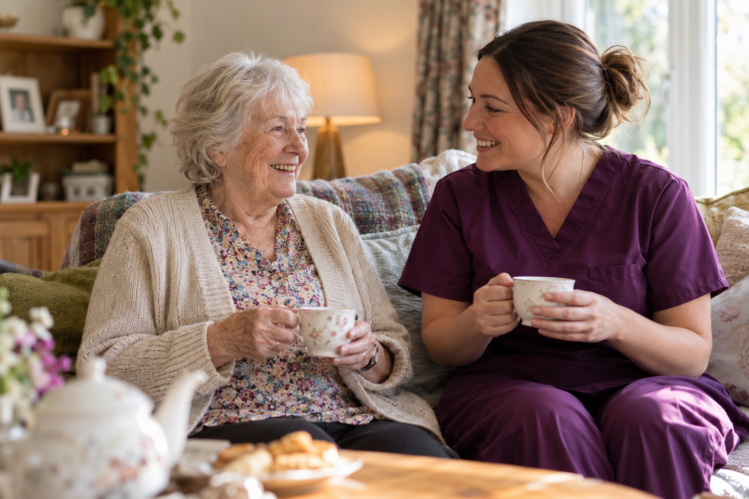 A carer and an older woman enjoying a friendly conversation over tea